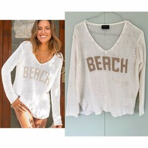 WOODEN SHIPS Women’s Beach V Cotton Sweater in Breaker White/Khaki Size M/L